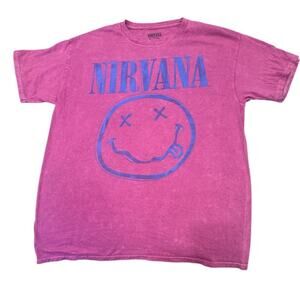 Nirvana Pink Women's Short Sleeve Nevermind Smiley Grunge Band T-Shirt Sz L